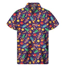 Men's Casual Shirts Cartoon Rocket Stars 3d Printed Shirt Men Summer Vacation Loose Short Sleeves Hawaiian Tee Shirts Button Lapel Aloha Blouse 240424