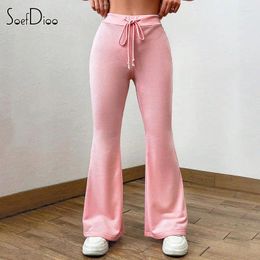 Women's Pants Soefdioo Solid Lace Up Waist Wide Leg Sweatpants Women Fashion Slight Strech Slim Trousers 2024 Spring Casual Sporty