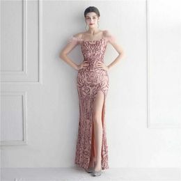 Runway Dresses Yidingz Sexig Slit Long Sequin Evening Dresses Luxury Feather Stretch Slveless Cocktail Party Prom Dress Y240426