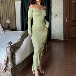 Casual Dresses Off-Shoulder Asymmetrical Long Dress Women's Sleeve Backless Ruched Slash Neck Ruffled Party Street Club Outfit
