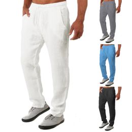 Fashion MenS Casual Linen Pants Summer Yoga Beach Trousers Loose Fit Straight Legs Elastic Drawstring Waist Casual Trousers 240422