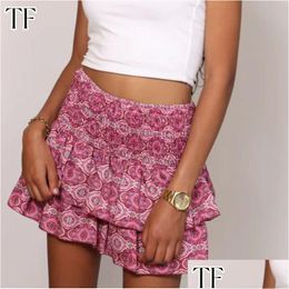 Skirts Summer Floral Pleated Skirt Womens Vintage Ruffle Print Pink Fashion Y2K Short Leisure Vacation Bohemian Miniskirt 230817 Drop Dhxno