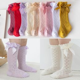 Baby kids ribbon Bows princess sock Fashion girls cotton knitting knee high socks Spain style children hollow breathable legs Z7892