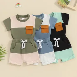 Clothing Sets Toddler Boy Summer Clothes Contrast Color Short Sleeve Pocket T-Shirt With Elastic Waist Shorts 2Pcs Outfit