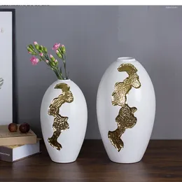 Vases Chinese Style White Ceramic Household Vase Crafts Creative Golden Texture Flower Arrangement Ornaments Nordic Home Decoration