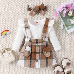 Clothing Sets Kids Baby Girl Fall Clothes Outfits Ruffle Long Sleeve Ribbed Romper+Plaids Suspender Skirts+Bow Headband 3PCS Girls Sets