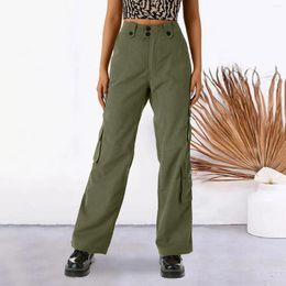 Women's Pants Vintage Y2K Multi Pockets Cargo Fashion High Waisted Buttons Design Trouser Solid Colour Wide Leg Straight