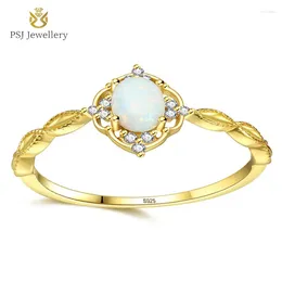 Cluster Rings PSJ Jewelry White / Blue Oval Cut Opal Inlay Rhodium Gold Plated Promise Solitaire 925 Sterling Silver For Women Wedding