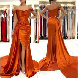 Satin The Shoulder Orange Off Split Prom Dresses Ruched Formal Party Plus Size Sweep Train Evening Gowns Bc11177
