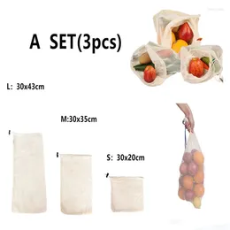 Drawstring 3pcs/set Reusable Cotton Mesh Produce Bags Fruit Vegetable Shopping Organize Bag Washable Durable Grocery Tote Carry Pouch