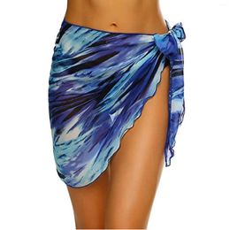 Women Beach Swimsuit Sheer Printed Full Wrap Knot Design Skirt Clothes Cover Ups One Piece Womens Bikini Underwear