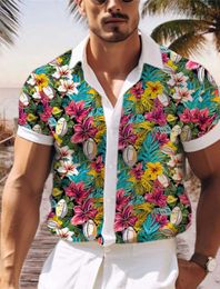Camisas casuais masculinas camisas masculinas Hawaiian Padrão de flor 3D Impressão curta de mangas curtas de verão de verão de férias de peito de peito diário casual Tops 240424