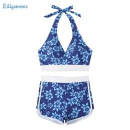Women's Swimwear Split Bikini Set Daily Leisure Resort Style Swimsuit Trend Patchwork Print Gathering Tops With Boxer Shorts