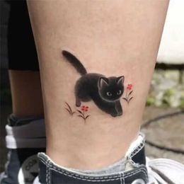 Tattoo Transfer Black Cat Flower Temporary Tattoos for Women Man Arm Cartoon Kitten Waterproof Tattoo Stickers Art Lasting Cute Fake Tattoo 240427
