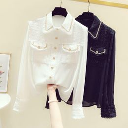 Women's Blouses Shirts 2024 Runway Designer Autumn Shirt Top Fashion Women Tweed Patchwork Chiffon Gold Single Breasted Tassel Weave