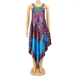 Casual Dresses Asymmetrical Beach African Spaghetti Strap Diamonds Embroidery Floral Printed Women Sexy Club Party