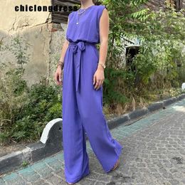 Women's Two Piece Pants Summer Fashion Solid Two Piece Set Women Casual Slveless Top Lace Up Wide Leg Pants Two Piece Set Women Y240426