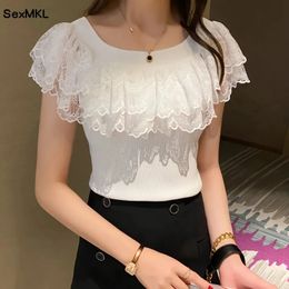 Casual Lace Knitted Tops T-shirts Women Fashion Elastic White Black Purple Top Sexy Ladies Kawaii T Shirts korean Clothes 240416