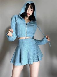 Sweatshirts Korean Spicy Girls Hooded Hoodies Skirt Twopiece Set Women Fashion Solid Zipper Drawstring Elastic Sweet Slim Autumn Lady Suit