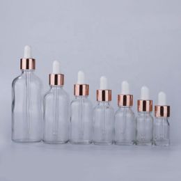 Wholesale clear serum glass dropper bottles 5ml 10ml 15ml 20ml 30ml 50ml 100ml with rose gold lid for essential oils LL