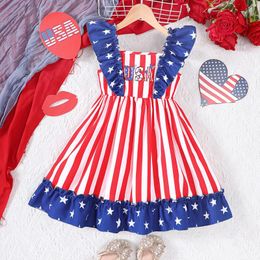 Girl Dresses Amreican Independence Day Clothing Children Ruffles Sleeve Red Stripe Fourth Of July Dress For Girls Kids Clothes 1-5Y