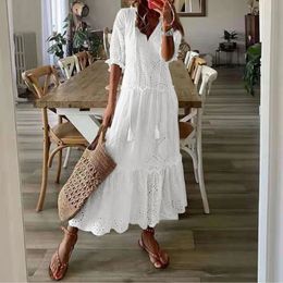 Casual Summer Bohemian White Dress Lace Up V Neck Short Sleeve Hollow For Women Elegant Plus Size Pleated Beach 240418