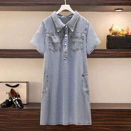 150Kg Plus Size Womens Summer Loose Vintage Polo Lapel Breasted Half Placket Workwear Denim Shirt Dress 5XL 6XL 7XL 8XL 9XL 240420