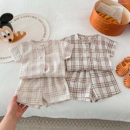 Clothing Sets 8774 Korean Baby Set 2024 Summer Boy's Suit Plaid Casual Short Sleeve Shirt Two Piece