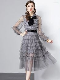 Casual Dresses Designer Runway Fashion High Quality Dot Mesh Midi Long Party Women Sweet Bowknot Ruffle Cake Dress