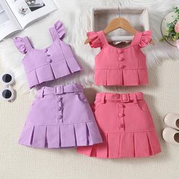 Clothing Sets Pudcoco Little Girls Summer Outfits Set Round Neck Sleeve Tops Elastic Waist Pleated Mini Skirt Belt Toddler Clothes