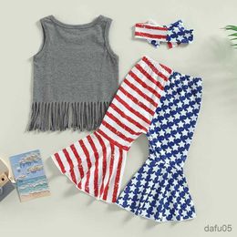 Clothing Sets Independence Day Outfits Summer Kids Girls Clothes Tassel Tank Tops Stretch Casual Star Stripe Flared Pants Headband Sets