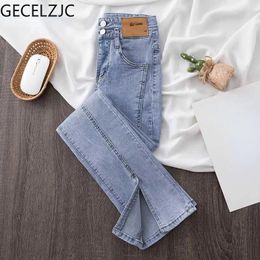 Women's Jeans GECELZJC Woman Office Lady Fashion High Waisted Pants Femme Slim Fit Summer French Style Retro Trousers Female G1250