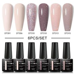 Nail Polish MEET ACROSS 6Pcs/Set Gel Nail Polish Set Nude Pink Semi Permanent Nail Polish Set Kit UV LED Base Top Coat Nail Art For Manicure Y240425