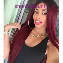 Wig female long straight hair wine red high temperature silk dyeing gradient chemical Fibre headset