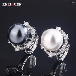Cluster Rings Charms 16MM White Black Big Pearl For Women Lab Diamond CZ Ring Cocktail Party Fine Jewelry Accessories Anniversary GiftS