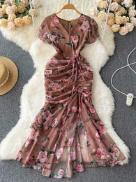 Party Dresses French Vintage Printed Dress Women Elegant Drawcord Floral Sexy V-neck Bodycon Summer Short Sleeve Fishtail
