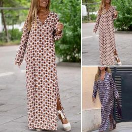 Casual Dresses Women Beach Dress Long Sleeve V-neck Printing Contrast Color Oversized Dress-up Low-cut Side Split Maxi Garment