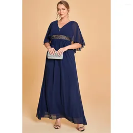 Plus Size Dresses Mother Of The Bride Navy Blue Chiffon Cape Sleeve Decorative Sequin Fold Tunic Maxi Dress