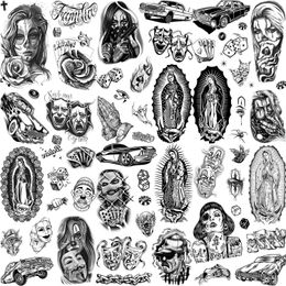 Tattoo Transfer 6 Sheets Large Chicano Temporary Tattoos For Men Women Adult Guadalupe Gangster Fake Tatoos Halloween Decoration Tattoo Mexico 240426