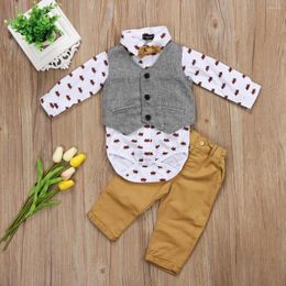 Clothing Sets Baby Boy Set Printed Bodysuit Romper Gray Vest Waistcoat Pants Trousers 0-24M Born Infant Toddler Spring Fall Outfit