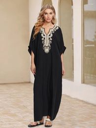 Party Dresses LORYLEI Black Embroidered Sexy V Neck Batwing Sleeve Kaftan Dress For Women 2024 Summer Classical Lounging Maxi Q1631