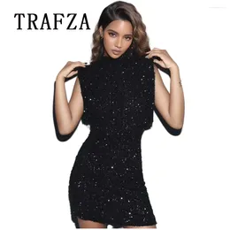 Casual Dresses TRAFZA 2024 Women Sequined Party Dress Shoulder Pad Sheath Mini Sleeveless Nightclub Elegant Chic