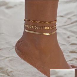 Anklets 3Pcs/Set Gold Colour Simple Chain For Women Beach Foot Jewellery Leg Ankle Bracelets Accessories Drop Delivery Otri1