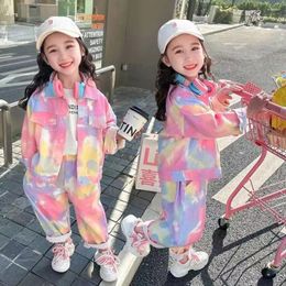 Clothing Sets Girls' Set Denim Jacket Jeans Two-piece Suits Spring Autumn 2024 Korea Colourful Tie-dyed Fashion Children's Cowboy Clothes
