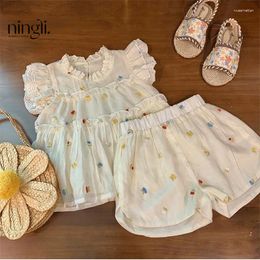 Clothing Sets Girls Flower Set Summer 2024 Childrens Korean Fashion Two Piece For Cute Gentle And Sweet Toddler Girl Clothes