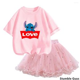 Clothing Sets 2024 Style Girl's Cute Stitch T-shirt And Tutu Skirt Set Party Clothes Girls Summer 2 Piece