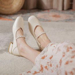 Casual Shoes Plus Size Pearl Elegant Mary Janes Chunky Heels Solid Leisure Zapatos Mujer Slip On Round Toe Low Chaussures Femme