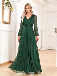 Runway Dresses Womens Elegant New V Neck Shiny Chiffon Evening Gown A Line Long Slve Wedding Bridesmaid Dress Party Dresses Women Evening Y240426