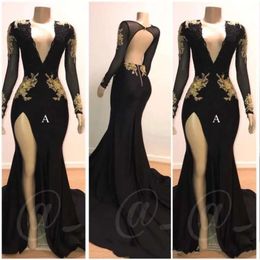 Mermaid Dresses Sexy Black Prom Deep V Neck Backless Long Sleeve Evening Gowns Vintage Arabic Party Dress Bc Intage