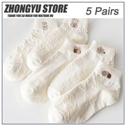 Women Socks 5pair/ Lot Ankle For No Show Low Cut Invisible Cotton Thin White Cute Bear Summer Sports Solid